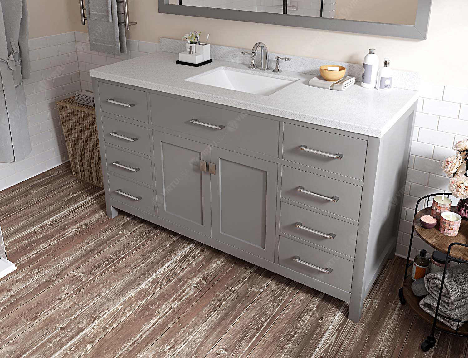 Virtu USA Caroline 60" Single Bath Vanity In Gray With White Quartz Top And Square Sink | Wayfair